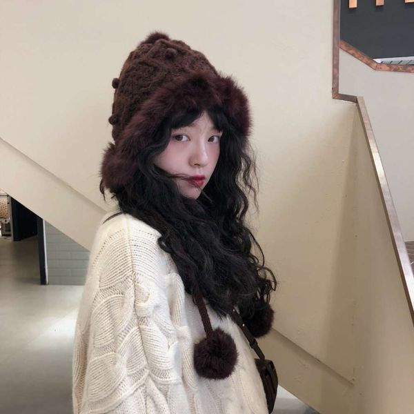 

korean winter jmx rabbit hair ball children's lovely student quality ear protection warm and cold proof lei feng cap, Blue;gray