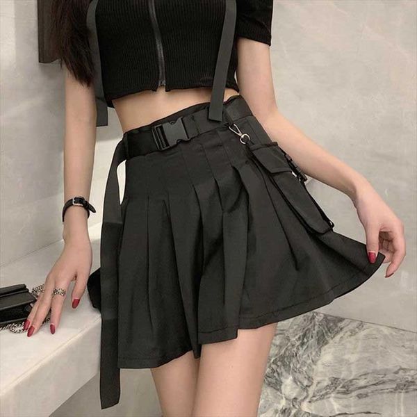 

gothic high waist belt pleated mini skirt women 2020 fashion streetwear korean womens hip hop cargo punk skirts, Black