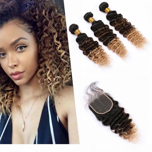 

3tones ombre hair extensions human hair 4"*4" dark root #1b #8 #27 ombre bundles and closure deep wave ombre virgin hair, Black;brown