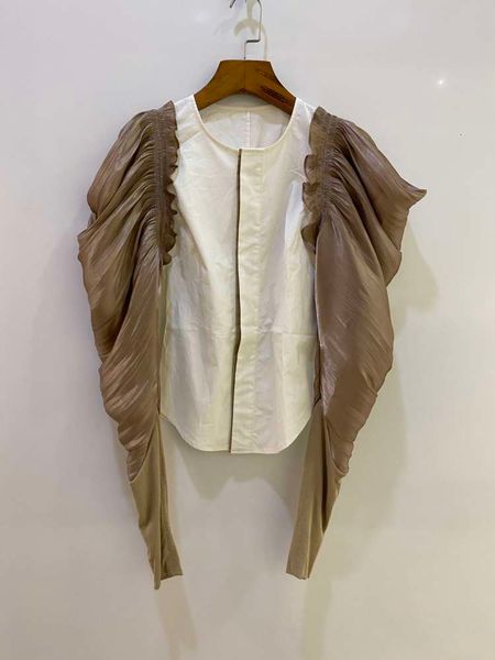 

ins niche dign personality leg pile sleeve classic wet fabric pleated cotton fashionable shirt, White