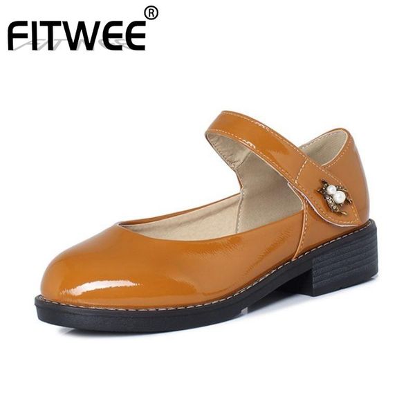 

fitwee summer spring shoes women retro pumps round toe buckle thick heel sweet shoes solid color ladies footwear size 30-43, Black