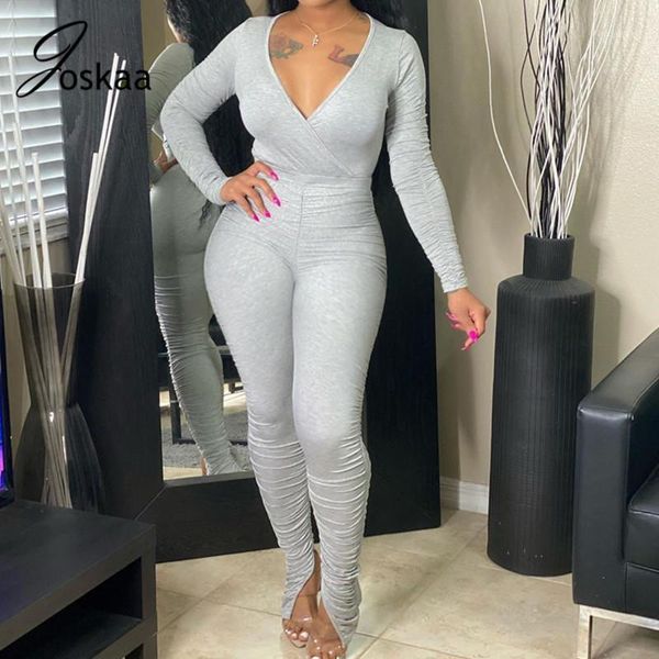 

joskaa solid pleated ruched full sleeve deep v-neck slit bodysuit split stacked leggings flare pant romper women's jumpsuit1, Black;white