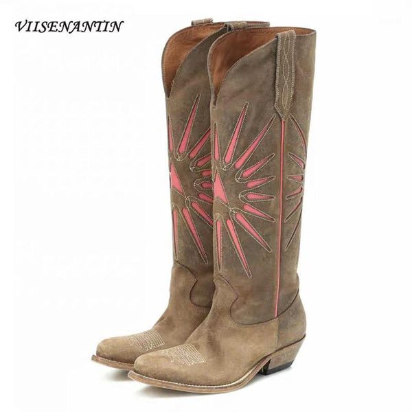 

fashion cow suede embroidered boots women's mid calf thick-heeled leather retro style western hallow out knight cowboy boots1, Black