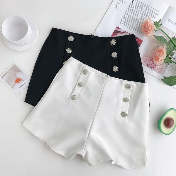 

2020 summer women diamonds double-breasted shorts high waist back zipper straight shorts casual pocket wide-leg solid1, White;black