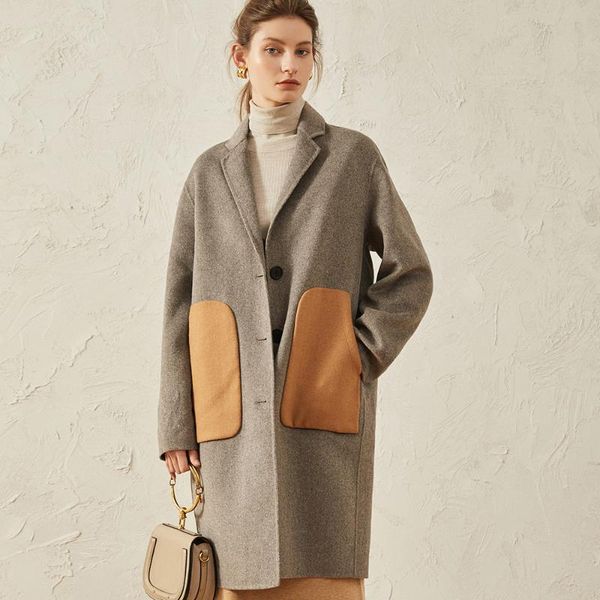 

women's winter long wool coat contrast color pocket jacket cardigan winter jacket women, Black