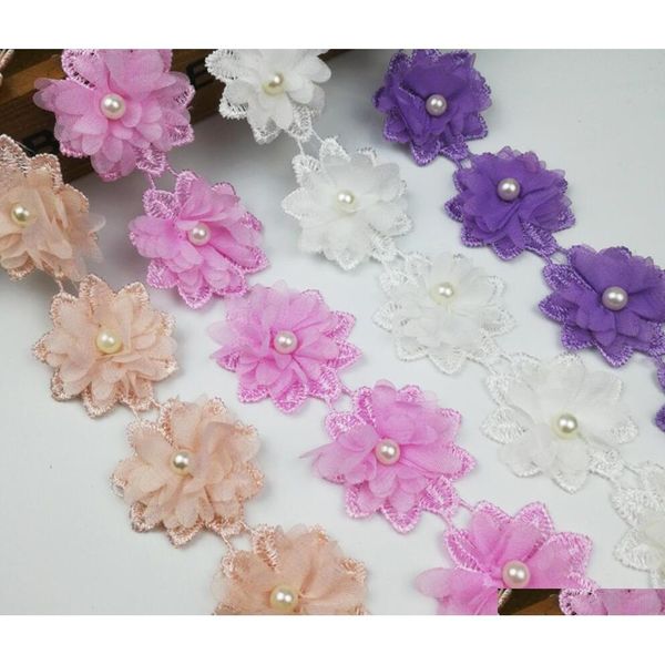 

15yard pink pearl flower chiffon lace fabric trim ribbon for apparel sewing diy bridal weddi qylhra tore2010