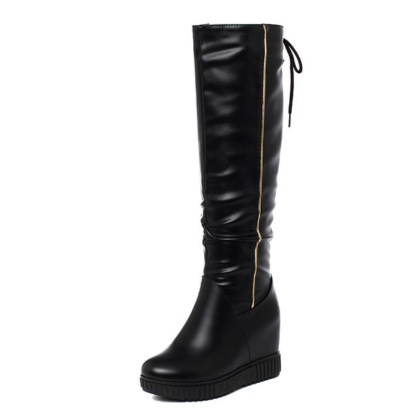 

wedge heel platform platform fashion long-tube women's boots inner heightenin cross straps warm inner lining flock or pu shoes, Black
