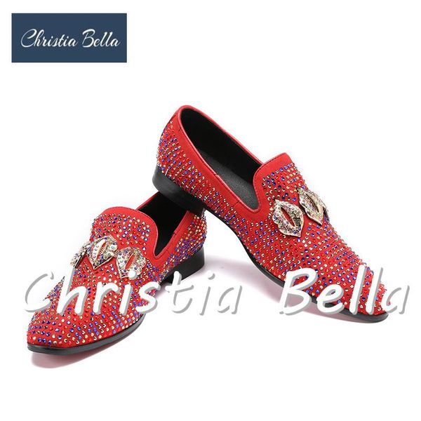 

dress shoes christia bella fashion men's brand designer rhinestone slippers party wedding red mens genuine leather, Black