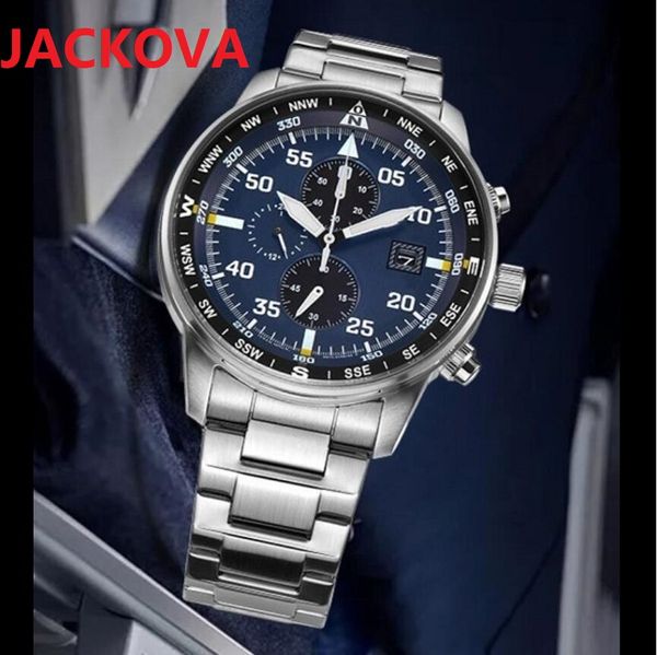 Top Quality Battery Battery Mens Relógios Cronômetro Auto Data Grande Funcional Funcional Funcional Aço Inoxidável Aço Inox Black Blue Dial WristWatch