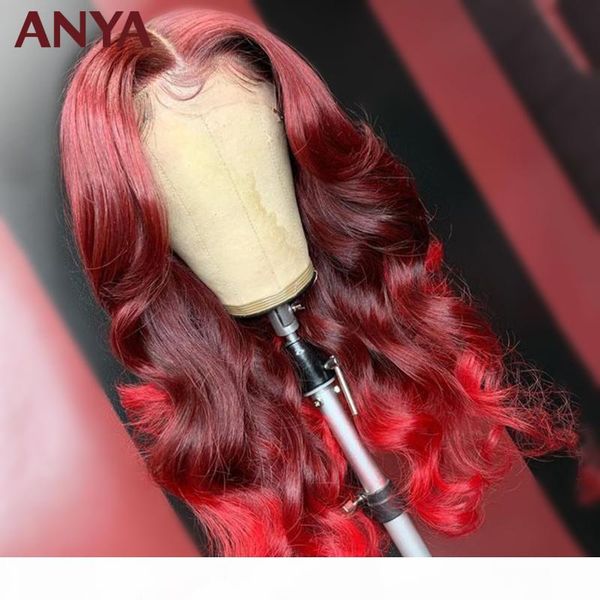 

anya red ombre color lace front wig pre plucked body wave human hair wigs transparent lace 30inch 180% remy hair for black women, Black;brown