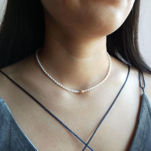 Lii Ji Real Freshwater Pearl 2-4 мм форма риса 925 стерлингового серебра деликатный колье Handmade ожерелье 40 см / 45см / 50см q0531