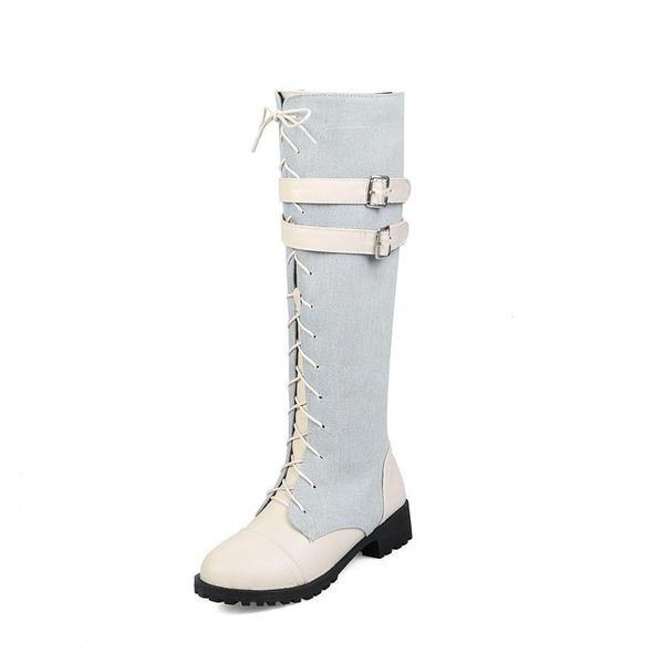

fashion round toe women spring autumn high heels denim and buckle strap knee high boots lady 2020 new lace-up boots size34-45, Black