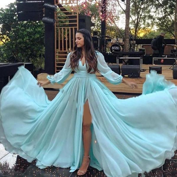 

long sleeves prom dresses mermaid 2020 high side split a line party evening gowns vestidos de festa, Black