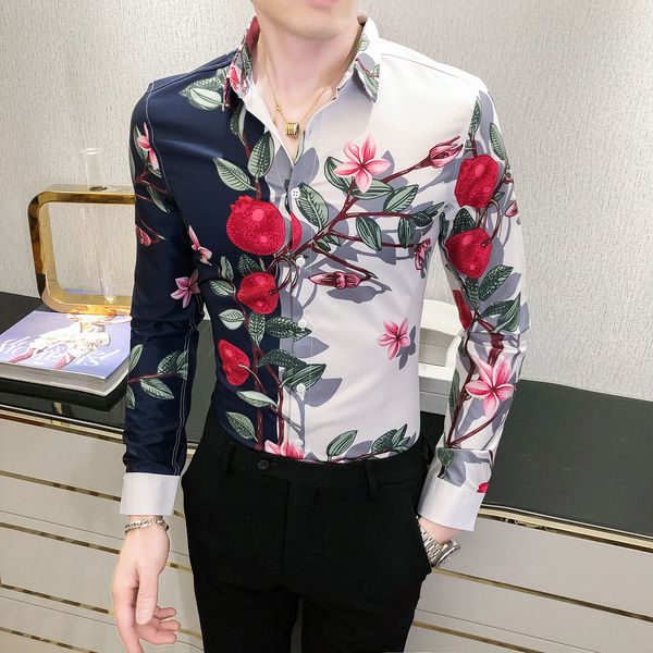 

2020 korean autumn floral casual fine men's social shirt long p2r0, White;black
