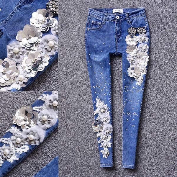 

women's jeans 2021 spring autumn retro floral embroidery women fashion flowers sequined diamond skinny pencil pants plus size1, Blue