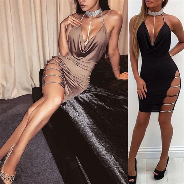 

new dress women bandage bodycon evening party v neck club mini halter dress female explosion backless sling hip, Black;gray