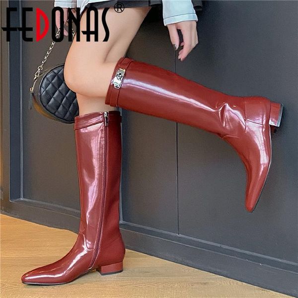 

fedonas winter shoes woman for women 2020 winter side zipper knee high boots metal buckle pointed toe thick heels slim long shoe, Black