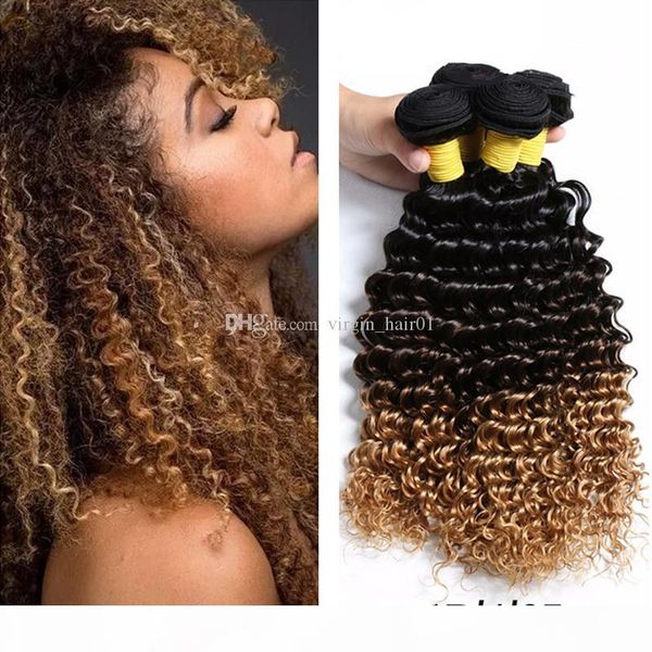 

three tone colored #1b 4 27 honey blonde ombre deep wave human hair weave ombre deep curly hair extensions 3 bundles for sale, Black;brown