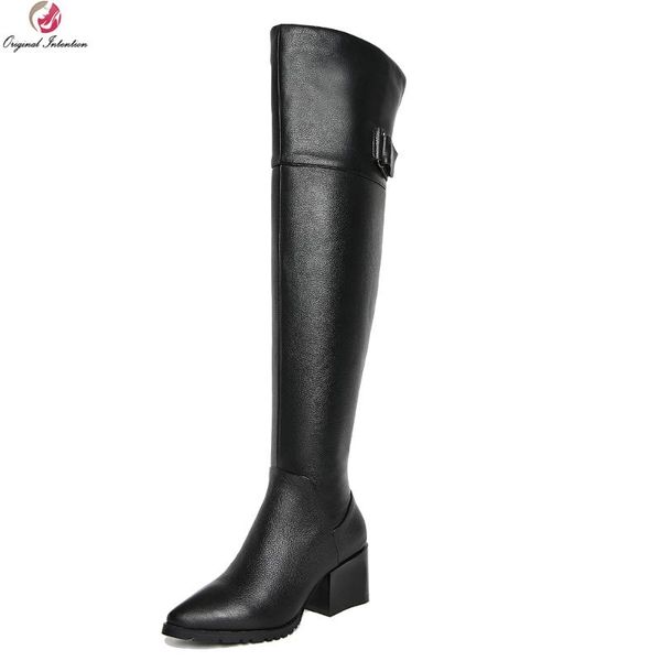

original intention high-quality women over-the-knee boots cow leather pointed toe square heels black shoes woman us size 4-10