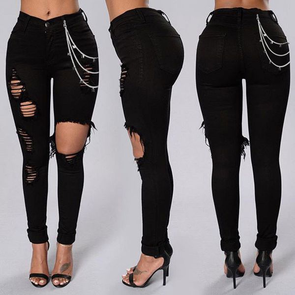 

2020 new fashion women's wear pierced elastic ny jeans pants, Blue