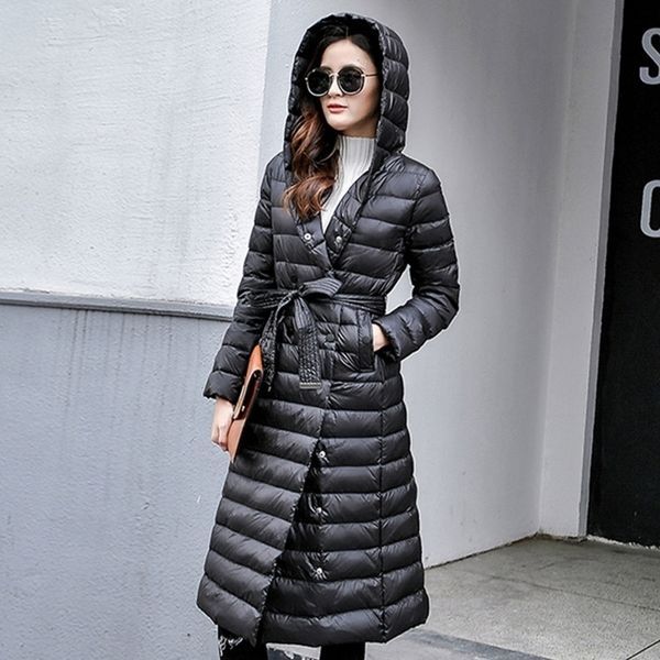 

new winter women fashion long white duck down jacket female warm slim portable lightweight coat ultra light jacket with hooded 201103, Black