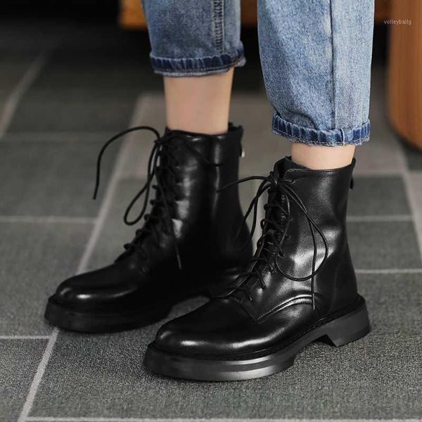 

fashion winter casual ladies boots platform round toe shoes woman genuine leather cross tied thick low heels ankle boots1, Black