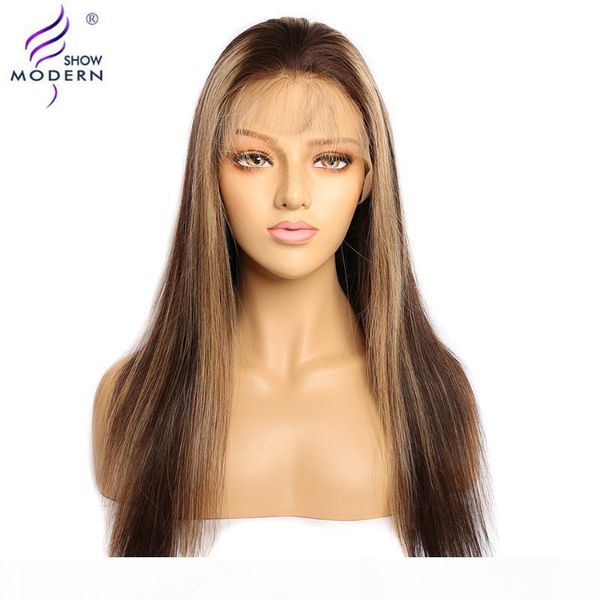 

13x4 straight lace front human hair wigs pre plucked with baby hair ombre blond highlights brazilian remy 150% modern show, Black;brown
