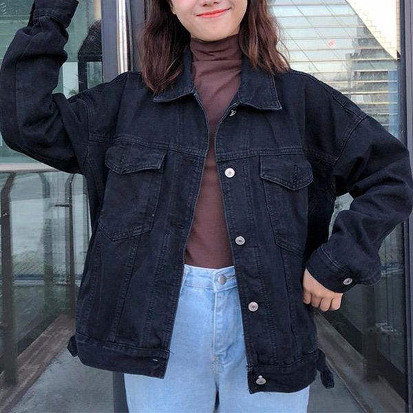 

women's autumn black denim jacket long sleeve pocket jeans vintage jackets women 2020 winter cowboy loose casual outwear female, Black;brown