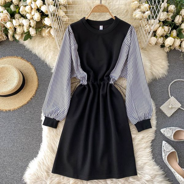

2021 new singiny design splice stripe short girl bat fall fashion streetwear a-line dress v1lk, Black;gray