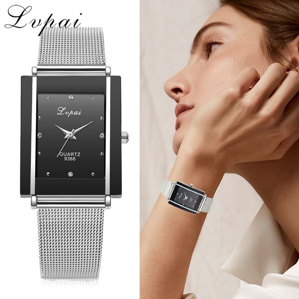 

bracelet silver square luxury crystal alloy wristwatches lvpai brand women fashion men watch quartz dropshiping, Slivery;brown