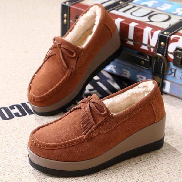 

female platform flats flock rubber sole warm plush round toe slip-on solid shallow winter casual women shoes, Black