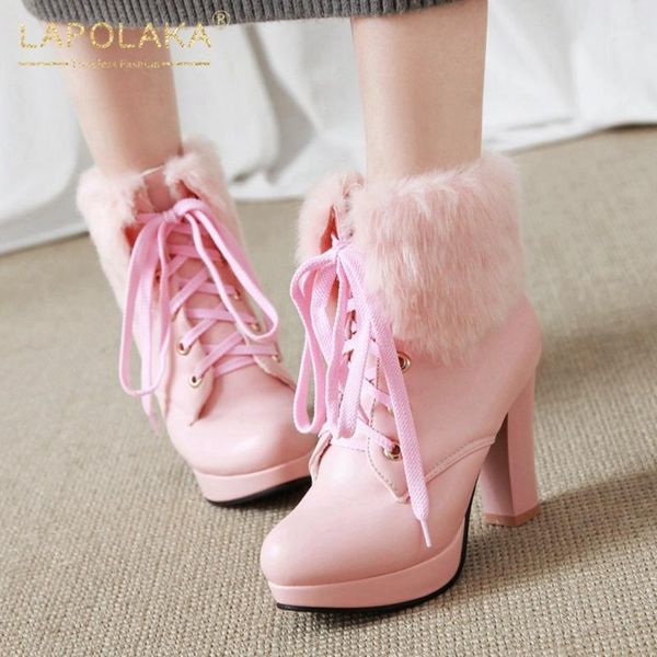 

lapolaka 2021 new fashion platform party office shoes woman boot female shoelaces comfy warm fur dropship winter boots ladies1, Black