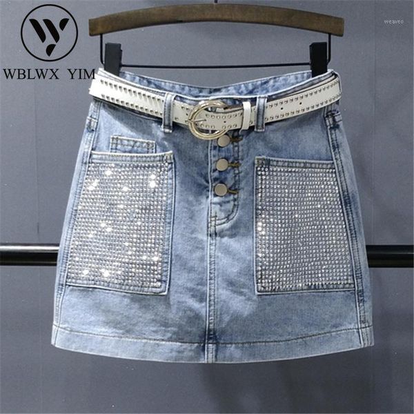 

single breasted high waist denim skirt summer loose a-line mini skirt fashion rhinestones pocket washed jeans short skirts women1, Black