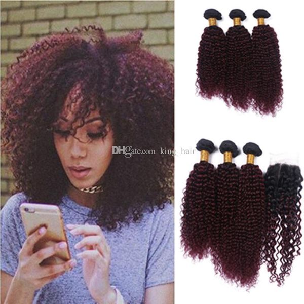 

new arrival wine red #1b 99j kinky curly hair bundles with lace closure burgundy ombre kinky curly hair with closure 4pcs lot, Black