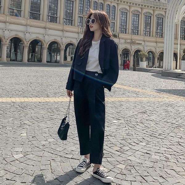 

women 2 piece set blazer + pant suits autumn casual blazers loose office ladies business suit female korean fashion, White