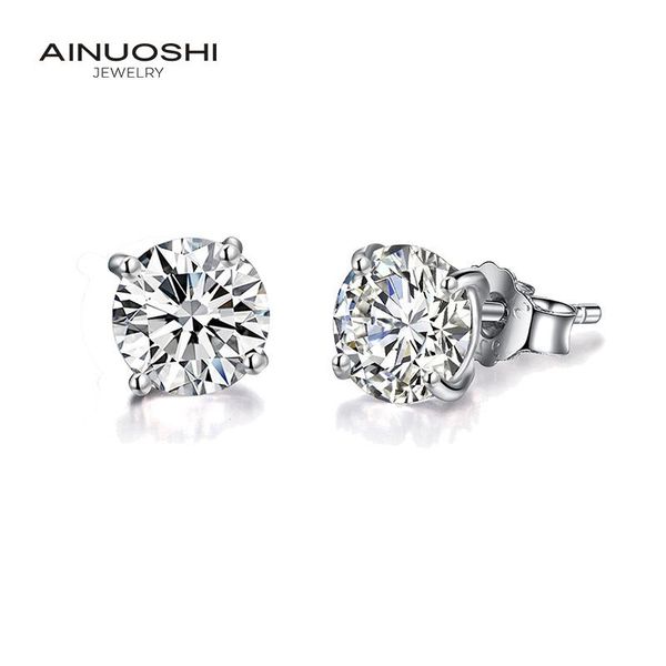

stud ainuoshi round cut 2mm 4mm 6mm sona diamond four prong classic earrings for women 925 silver exquisite jewelry gift, Golden;silver