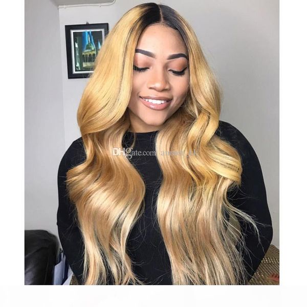 

ombre honey blonde color 1b 27 thick glueless full lace human hair wigs brazilian body wavy lace front wig, Black;brown