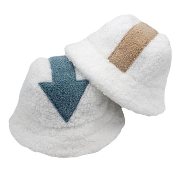 

wide brim hats women men winter thicken fuzzy plush warm bucket hat harajuku hip hop vintage arrow symbol patchwork outdoor panama fisherman, Blue;gray
