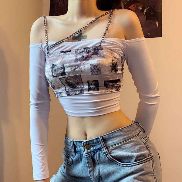 

new 2020 women's winter autumn and slim neck hanging chain fashion printed jacket t-shirt for women, Black;gray