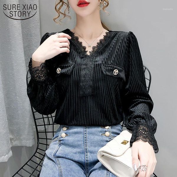 

autumn 2020 fashion women's gold velvet bottom shirt long sleeve women's shirts v collar lace splicing office lady shirt 120571, White