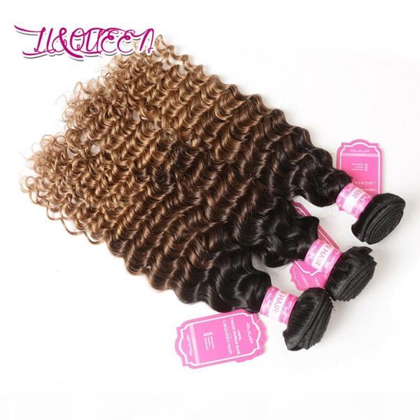 

brazilian human hair 1b 4 27 ombre deep wave virgin hair 3pcs lot three tone hair weft double weft beauty weaves, Black;brown