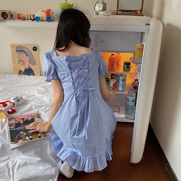 

young girl's first love dress with wooden ear ee and back cross bandage short sleeve dress a-line ruffled summer skirt gzwyq, Black;gray