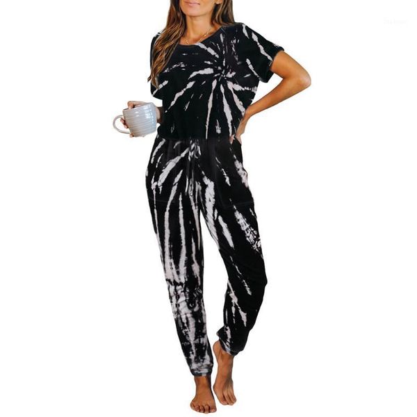 

women tie dye printed jumpsuit pajamas romper casual loose short sleeve jumpsuit sleepwear loungewear1, Black;white