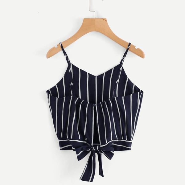 

fashion ladies womens summer self tie v neck black striped crop cami camisole blouse women tank 2021 new, White