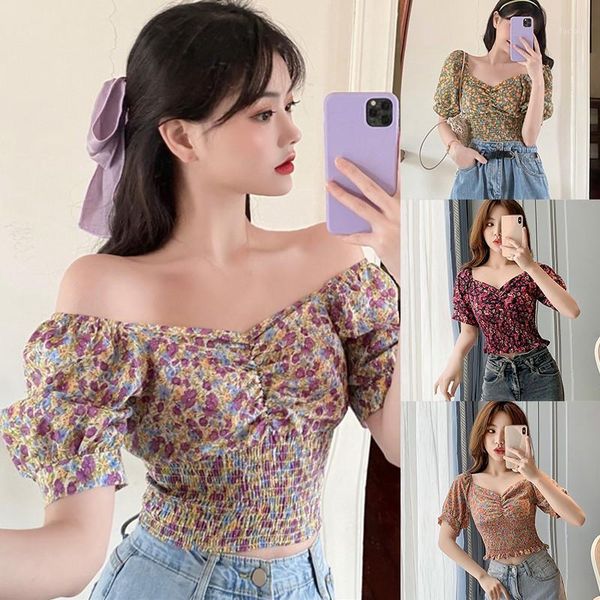 

women sweet clothes korean style square collar blouses shirts female girls floral vintage short blouse female blusas1, White