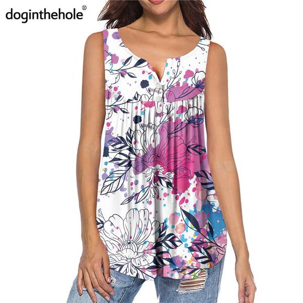 

doginthehole women's sleeveless button henley shirts painting art floral print tunic tank fashion pleated loose blouse, White