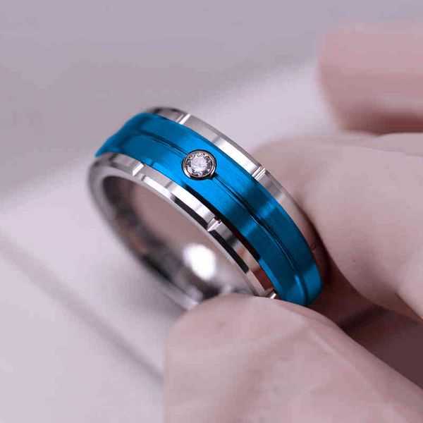

new fashion 8mm men's double groove beveled stainless steel ring blue brushed inlay aaa zircon wedding band jewelry, Silver