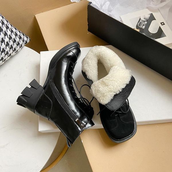 

wool snow boots women genuine leather round toe lace-up platform winter ladies ankle length shoes handmade, Black