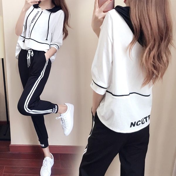 

ktppy t-shirt short-sleeved suit 2020 summer new korean high hooded sports t-shirt style waist lace-up capri pants sportswear fashion sports, Gray