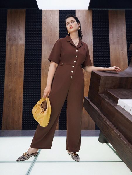 

plus lapel neck button front shirt jumpsuit r91y#, Black